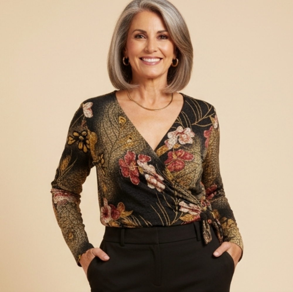 Woman's Vintage Floral Gold Shimmer Trim Blouse